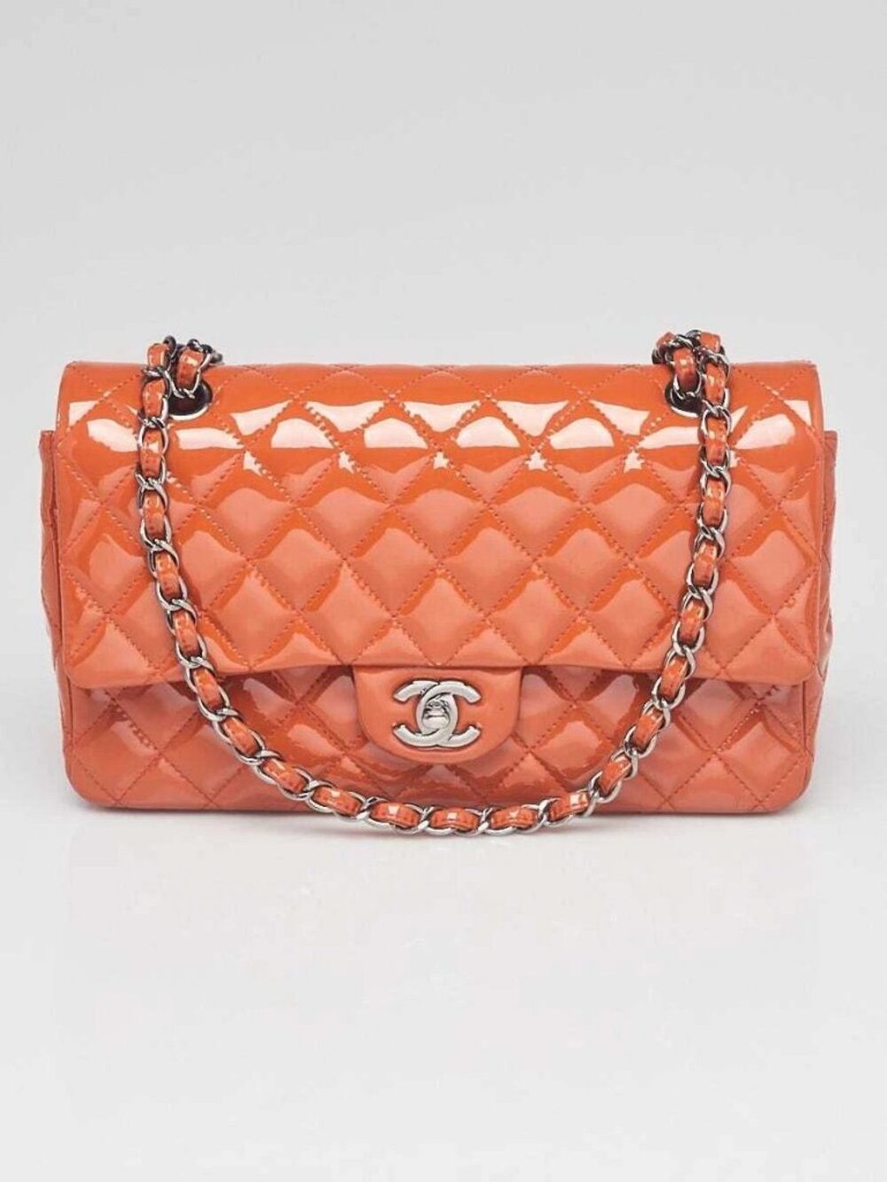 Chanel Orange Quilted Patent Leather Classic Medium Double Flap Bag - Picture 1 of 10